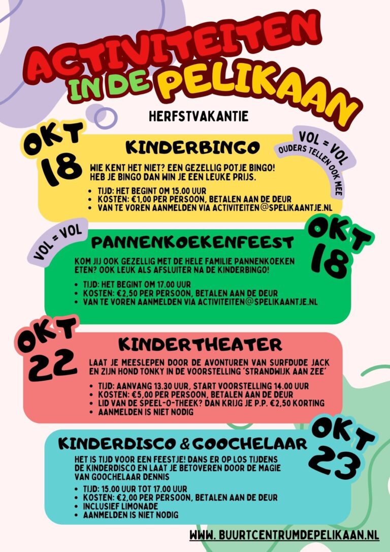 Herfstvakantie activiteiten, de Pelikaan, Krommenie, Zaanstad